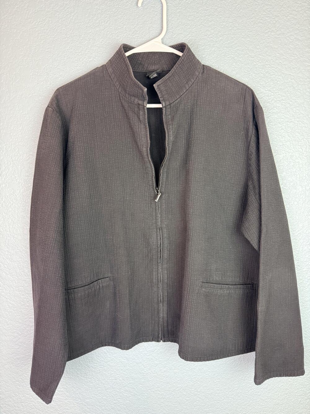 Eileen Fisher Jacket Womens Large Black Cotton Zip Front Pockets Textured Knit